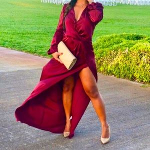 Red maxi dress slit long sleeve